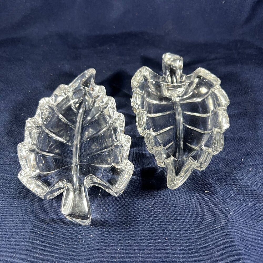 Vintage Clear Glass Leaf-Shaped Trinket Dishes Set Of 2 For Home Decor Or Jewelr